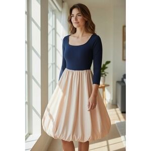 Bubble Skirt Dress Size L Scoop Neck Black + Cream 3/4 Sleeve